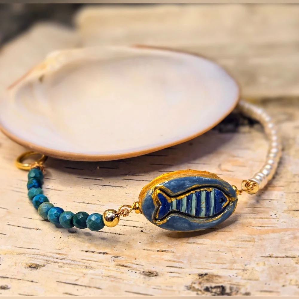 Santorini Inspired Handpainted Blue Fish, Azurite & Pearld In Artisan Bracelet